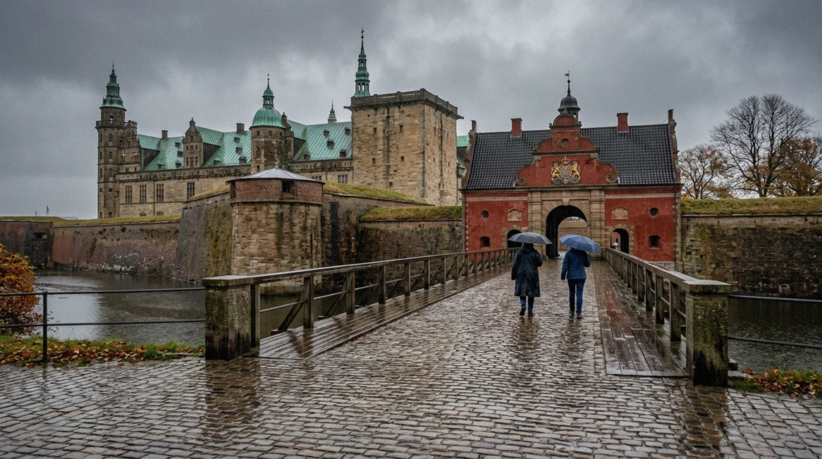 The moat bridge at Kronborg on a rainy day, the kind of weather Hamlet Castle tours run in