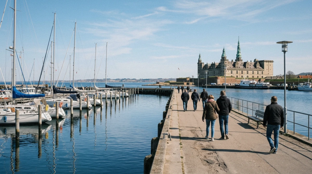 Walkers on the harbour promenade in Helsingør heading to Kronborg, the last stretch of the way from Copenhagen to Kronborg Castle