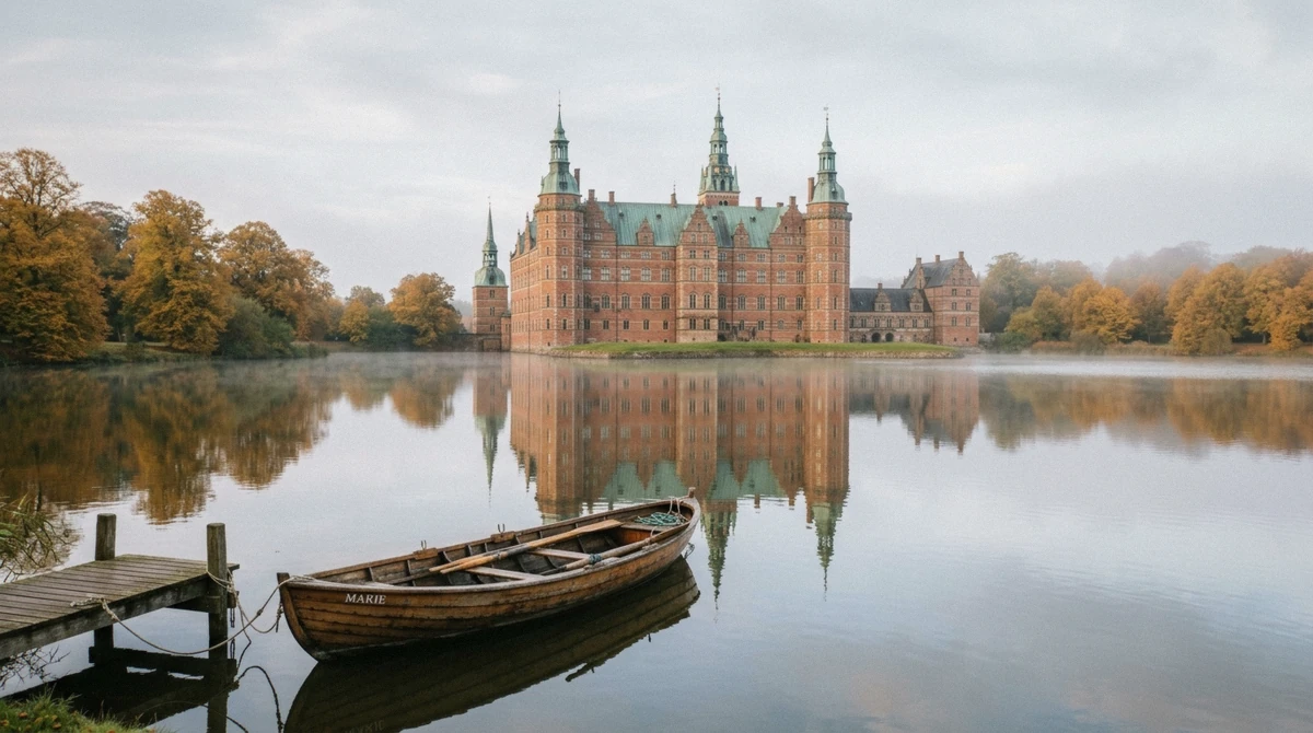 Frederiksborg Castle reflected in the castle lake, one side of the Kronborg or Frederiksborg choice