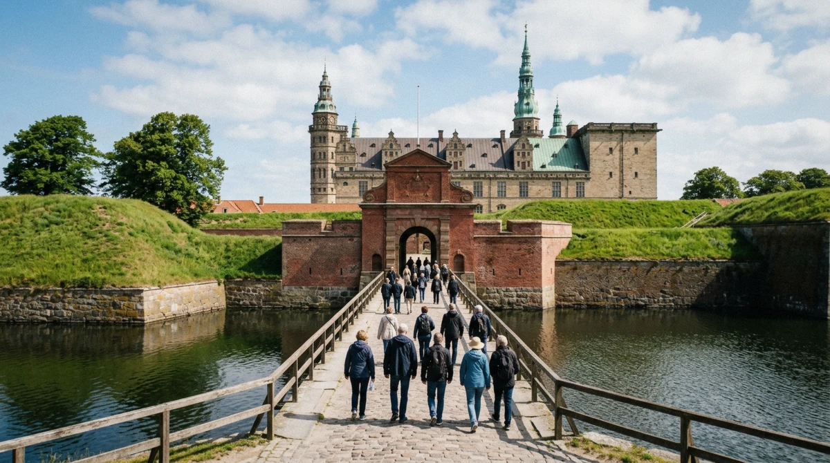 Visitors crossing the moat bridge to the red gate of Kronborg, where Kronborg Castle tickets are checked