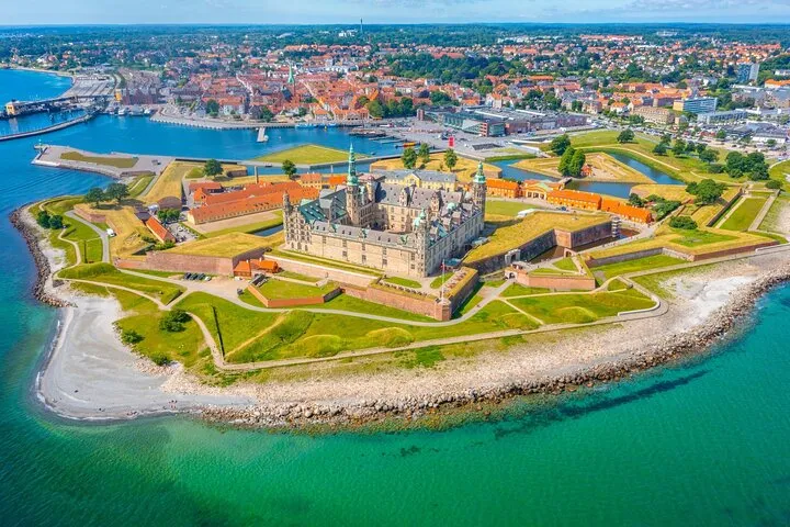 Kronborg Castle and its star-shaped ramparts from the air on a Hamlet Castle tour with Frederiksborg and Roskilde